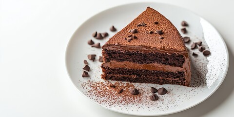 Aufkleber - Delicious chocolate cake adorned with rich icing and sprinkled with cocoa powder, beautifully presented on a clean white table, creating an enticing dessert experience with chocolate cake.