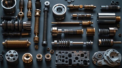 Poster - Motorcycle mechanical spare parts on black background. top view.
