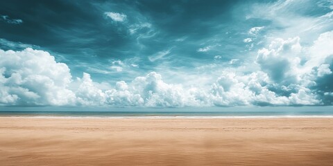 Poster - Vast empty sand beach under a stunning cloudy sky creates a tranquil scene. This serene landscape of the sand beach offers beautiful scenery and ample copy space for various uses.