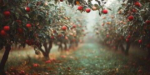 Poster - Low trees with delicious apples in an abundant orchard ready for apple harvesting, showcasing the beauty of nature s bounty with ripe apples waiting to be picked.