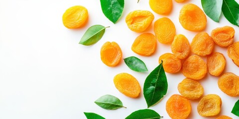 Leinwandbilder - Delicious dried apricots accompanied by natural leaves on a white background, showcasing the vibrant colors and textures of dried apricots in a visually appealing presentation.