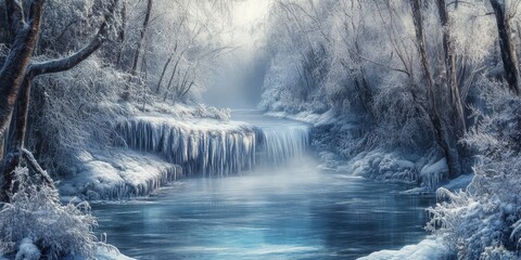 Aufkleber - A stunning view of a frozen waterfall surrounded by a serene forest during a chilly winter day showcases the beauty of nature s frozen creations and the magic of a winter landscape.