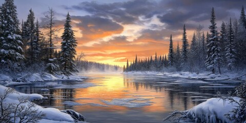 Aufkleber - Winter river sunset landscape featuring a stunning sky, majestic trees, snow, and ice. This captivating winter river sunset scene captures the serene beauty of winter landscapes.
