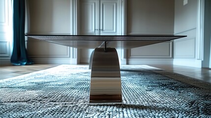 Poster - A metal table with legs made of stainless steel and mesh is placed on the carpet in front of it. The background features gray walls.