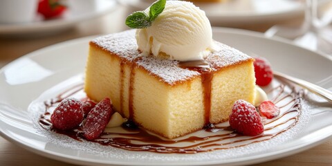 Poster - Sponge cake served with fresh ice cream and drizzled with sweet sauce on a porcelain plate highlights the deliciousness of sponge cake, making it an indulgent dessert choice.