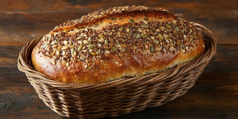 Poster - Seed and nut crusted bread loaf displayed in a basket, showcasing the delicious combination of seeds and nuts that create a unique texture and flavor in this bread loaf.