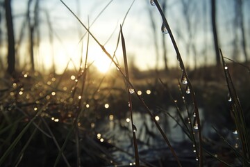 Poster - A close-up of dew-covered grass blades at dawn with a bokeh effect highlighting the shimmering droplets