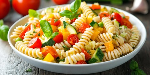Poster - Delicious bowl of fusili pasta salad featuring an array of fresh vegetables, perfect for a light meal or side dish. This vibrant fusili pasta salad is a feast for the eyes and palate.