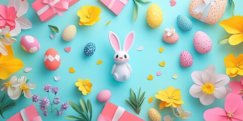 Poster - Easter concept beautifully illustrated from a top view, showcasing vibrant elements of Easter holidays, capturing the essence of this festive season in a creative display.