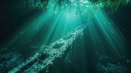 Poster - Underwater shipwreck glowing with ethereal light in a mystical ocean setting