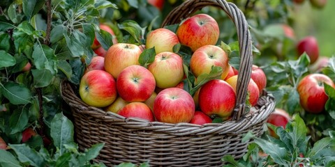 Poster - Bountiful basket filled with fresh apples, showcasing a vibrant assortment of apples nestled within a beautiful garden setting, highlighting the natural beauty of apples in nature.
