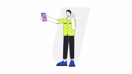 Poster - Generation z man taking selfie full body cartoon animation. Gadget guy with peace hand sign 4K video motion graphic. Teenager posing on cell phone animated 2D character isolated on white background