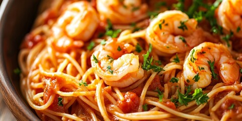 Poster - Closeup view of savory shrimp spaghetti featuring a rich tomato sauce and fresh parsley, highlighting the essence of delightful shrimp spaghetti in Italian cuisine.