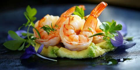 Poster - Exquisite serving of tiger shrimps features a delightful avocado tartare and sweet chili, all elegantly enhanced by lime juice foam. Macro photo reveals king prawns on dark leaves with flowers.
