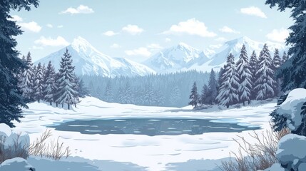 Poster - Winter landscape with a frozen lake and snow-covered pine forest