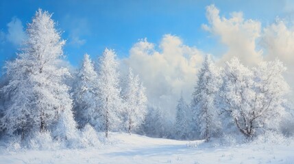 Poster - Winter landscape with snow-covered trees and a serene blue sky