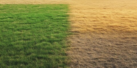 Poster - A serene field showcasing both lush green grass and dry, dead grass, capturing the contrast between vibrant greenery and the fading brown hues of the grass in this tranquil landscape.