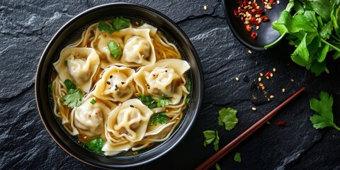 Poster - Bowl of noodle soup featuring wontons, displayed in a flatlay on a black stone backdrop, vertical composition showcasing the delicious noodle soup with wontons, offering ample negative space.
