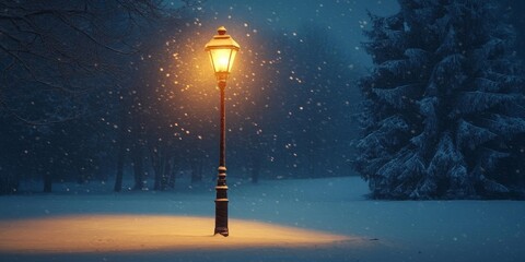 Poster - Illuminated lamppost shining brightly amidst a winter landscape, creating a warm glow in the chilly atmosphere, showcasing the beauty of a shining lamppost during the cold season.