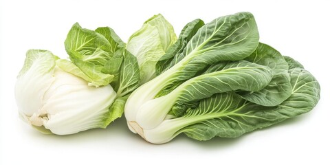 Poster - Fresh bok choy and cabbage displayed in isolation on a white background, showcasing the vibrant freshness of bok choy and the rich textures of cabbage for culinary inspiration.