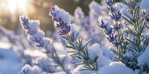 Aufkleber - Detailed macro image of plants featuring rosemary and lavender blanketed in snow during winter. The contrast of the rosemary and lavender against the snow creates an enchanting winter scene.