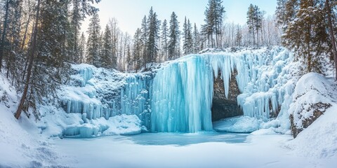 Aufkleber - A stunning view of a frozen waterfall surrounded by a serene forest during a chilly winter day showcases the beauty of nature s frozen creations and the magic of a winter landscape.
