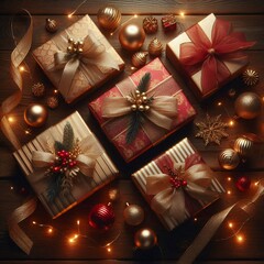 Golden gift box with red ribbon, perfect Christmas present for a winter celebration