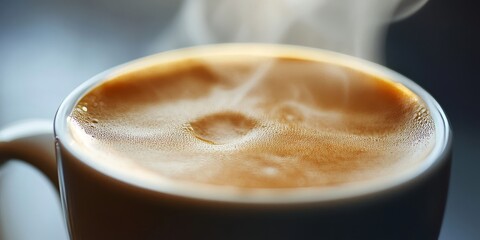 Poster - Close up of a steaming cup of coffee with milk, showcasing the rich texture and creamy blend that enhances the coffee experience, perfect for coffee lovers seeking a delightful moment.