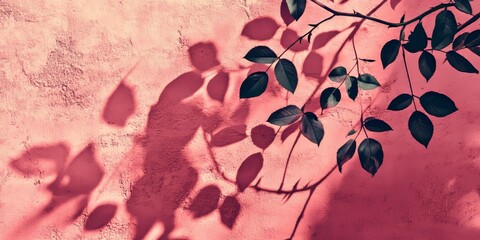 Leinwandbilder - Shadows of rose leaves create an intriguing pattern on a textured pink concrete wall, showcasing the unique roughness and irregularities. This abstract nature concept offers a stylish backdrop for