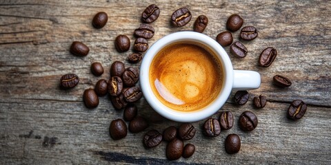 Poster - Espresso served in a white cup, accompanied by coffee beans, creates a perfect scene on a wooden background, highlighting the rich essence of espresso and the allure of coffee beans.