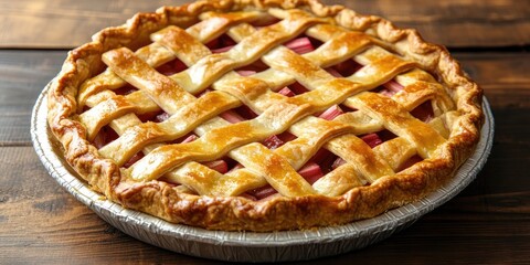 Poster - Freshly baked rhubarb pie straight from the oven showcases delicious homemade rhubarb pie with a classic lattice style crust, perfect for dessert lovers who appreciate rhubarb pie.
