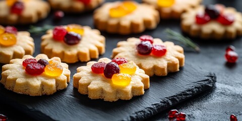 Aufkleber - Shortbread cookies featuring candied fruits arranged elegantly on a dark backdrop, highlighting the delightful texture and flavors of the shortbread cookies combined with the sweetness of candied