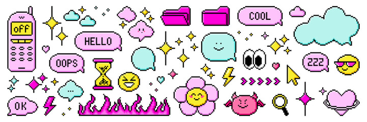 Fototapete - Set of pixel art dialogue box and retro game style elements. Speech bubbles in the mood of 90's aesthetics. Vector 8-bit pixelated style illustration