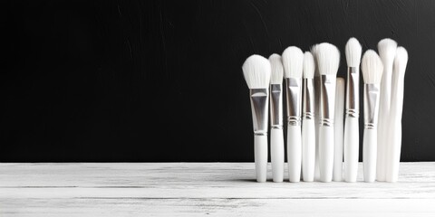 Leinwandbilder - White brushes displayed on a white wood table create a striking contrast against a black background. The arrangement of white brushes highlights their elegance and artistic appeal.