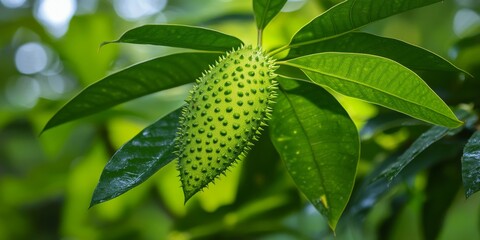 Aufkleber - Soursop leaf thriving in a lush garden setting, showcasing the vibrant green hues of the soursop leaf and its natural beauty, perfect for those interested in gardening and plant life.