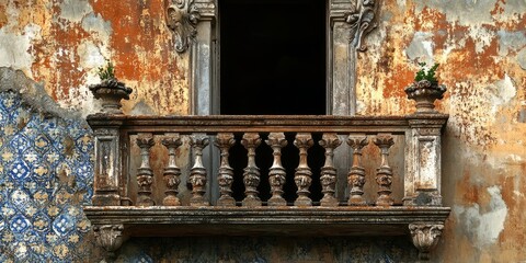 Poster - Ornamental tiled wall and balcony featuring a column in a rustic setting of an abandoned mansion, showcasing the beauty of ornamental design and architectural details. Ornamental elements create a