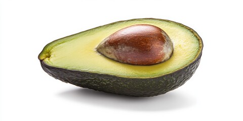 Poster - Half of a fresh avocado showcased in isolation on a white background. This ripe, fresh avocado highlights its vibrant green color, perfect for culinary use or healthy recipes.