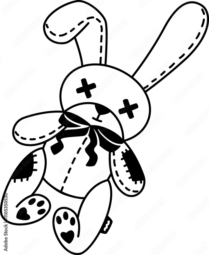 Y2k tattoo of monochrome stitched, broken bunny plush toy with button ...