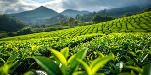 Poster - Tea plantation field showcasing lush greenery and orderly rows of tea plants, highlighting the serene beauty of a tea plantation field ripe for harvest and cultivation.