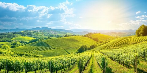 Poster - Vineyards in a stunning landscape under a bright sunny sky create a beautiful scene. The vibrant vineyards showcase the natural beauty of the landscape, perfect for vineyard enthusiasts.