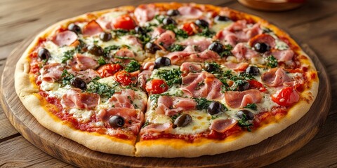 Poster - Delicious traditional pizza featuring ham, cheese, tomatoes, and olives presented on a rustic wooden background. This traditional pizza showcases fresh ingredients for a delightful experience.