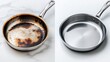 © Khalida - A stainless steel pan split in half showcasing the stark difference between a burnt and stained surface versus a shiny likenew appearance after cleaning