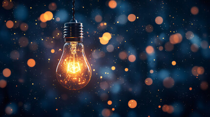 Aufkleber - Glowing light bulb illuminating dark background with bokeh effect, representing inspiration, creativity, and new ideas