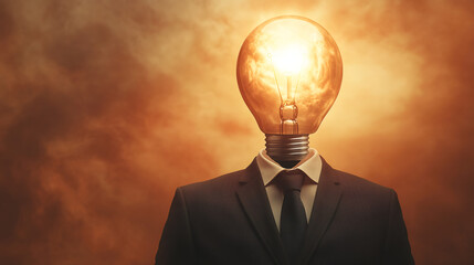 Aufkleber - Businessman with a lit light bulb instead of his head, symbolizing an idea under a cloudy sky