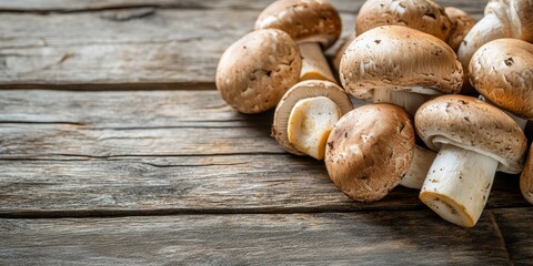 Poster - Champignon mushrooms displayed on a rustic wooden background, highlighting the natural beauty of champignon mushrooms and their culinary potential in various dishes.