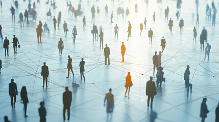 Aufkleber - Silhouettes of business professionals standing on a network, interconnected by lines, symbolizing global connectivity