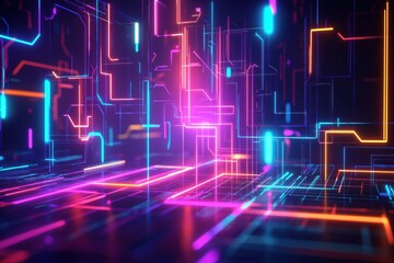 Poster - Futuristic tech abstract background features vibrant glowing lines forming complex shapes. Intricate glowing pathways, structures create dynamic visual. Color scheme includes bright pink purple, blue