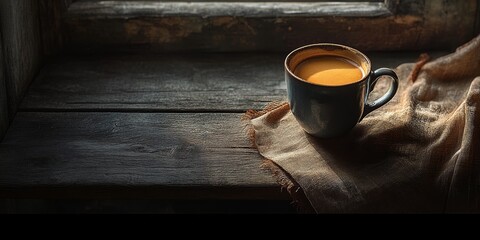 Aufkleber - Still life composition featuring a cup of coffee placed on a wooden table, highlighting the rich textures and warm ambiance of the scene with the cup of coffee as the focal point.