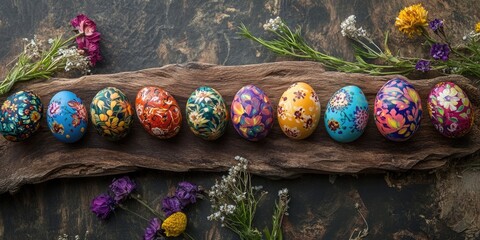 Poster - Easter eggs beautifully painted with karkade tea arranged on a rustic wooden board, showcasing the vibrant colors and artistry of karkade tea in this festive display.