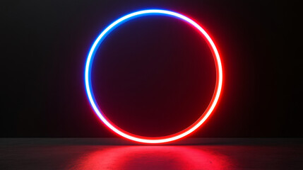 Leinwandbilder - Red and blue neon light forming a perfect circle, illuminating a dark room with a concrete floor